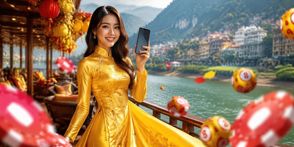 Người phụ nữ mặc áo dài tại Sa Pa xem kết quả xổ số trên điện thoại giữa thiên nhiên