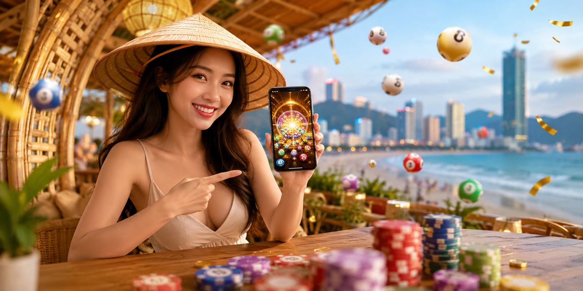 Người chơi xổ số trực tuyến tại Vũng Tàu, cầm nón lá ngồi theo dõi kết quả trên điện thoại